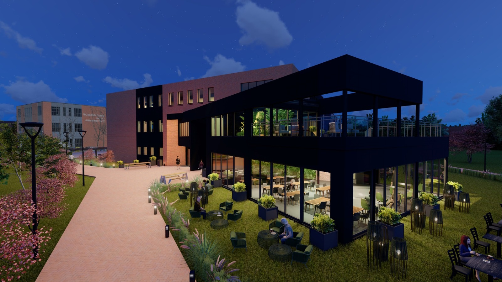 Wizualizacja IT HUB Gliwice – mat. pras. Technoparku Gliwice budynek, zieleń
