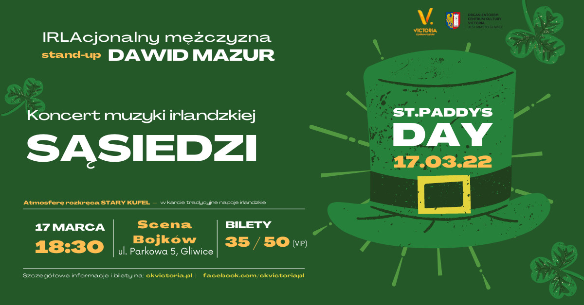 Koncert z okazji Dnia Świętego Patryka w Bojkowie. Biletowany. 17 marca o godz.18.30. Koncert zespołu Sąsiedzi.