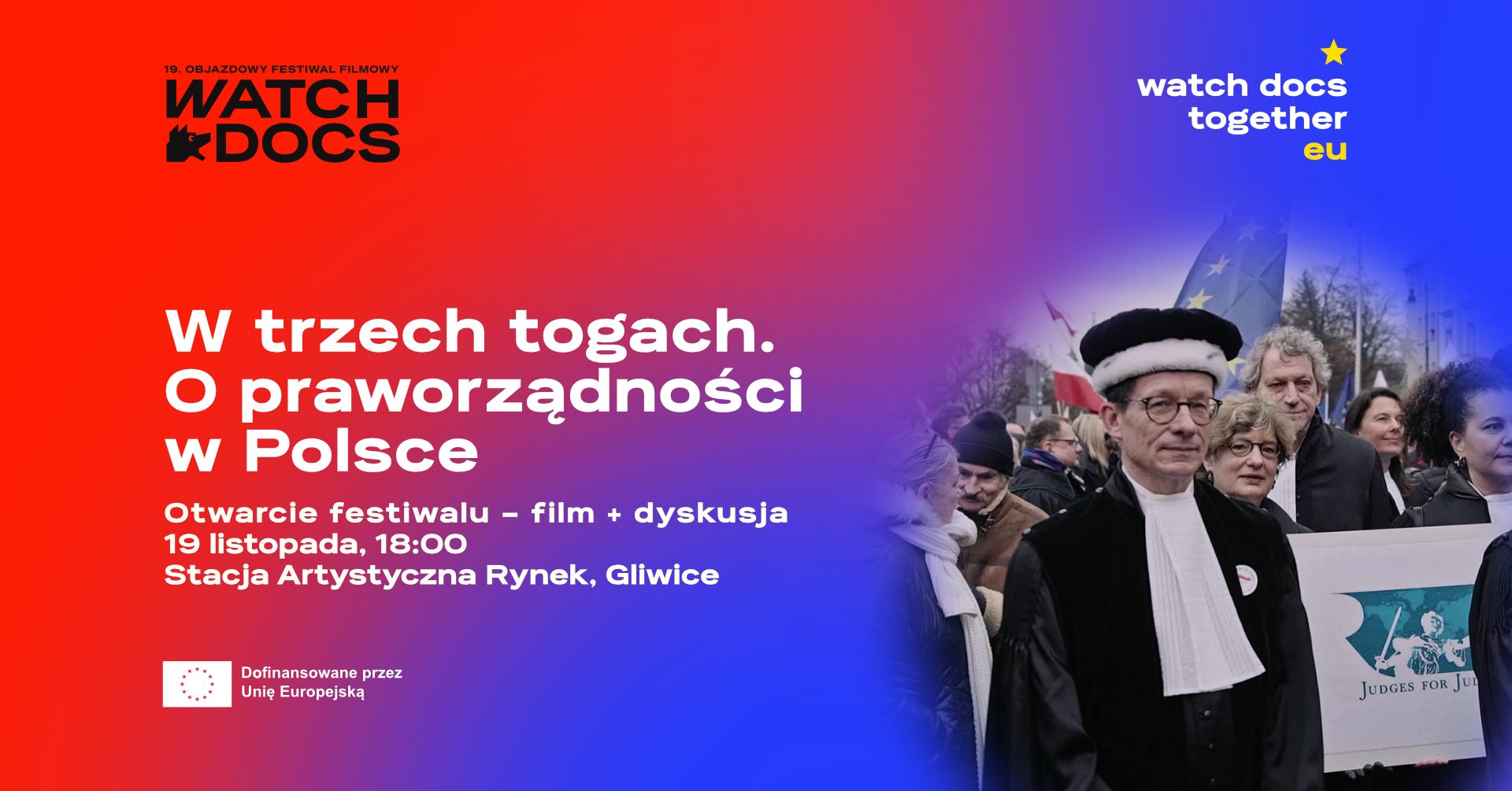 Grafika zapowiadająca otwarcie festiwalu Watch Docs