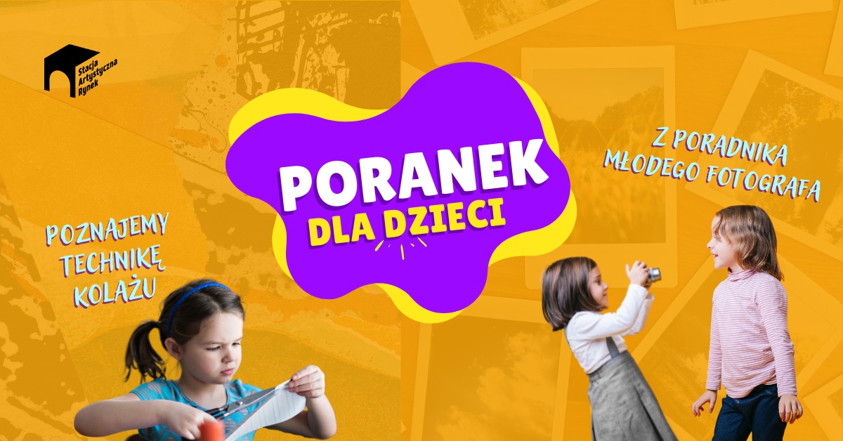 Pomarańczowo-fioletowa grafika z napisem "Poranek dla dzieci"