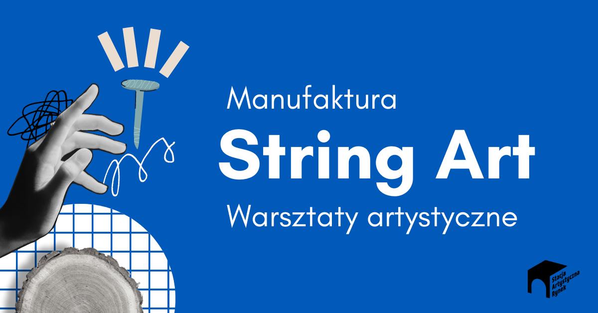 Prosta niebieska grafika z białym napisem "String ART"