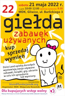 Po długiej przerwie spowodowanej pandemią ,zapraszam na 22 Giełdę Zabawek Używanych w Młodzieżowym Domu Kultury w Gliwicach 21 m