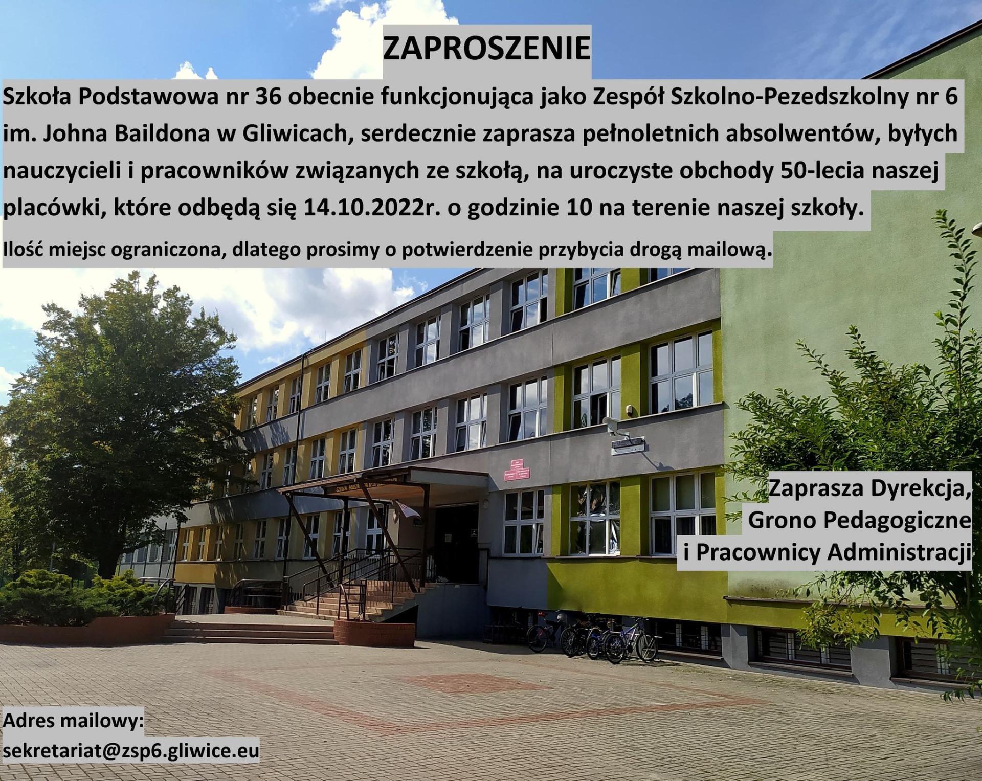 Zaproszenie na Jubileusz 50-lecia Szkoły Podstawowej nr 36 im. Johna Baildona w Gliwicach