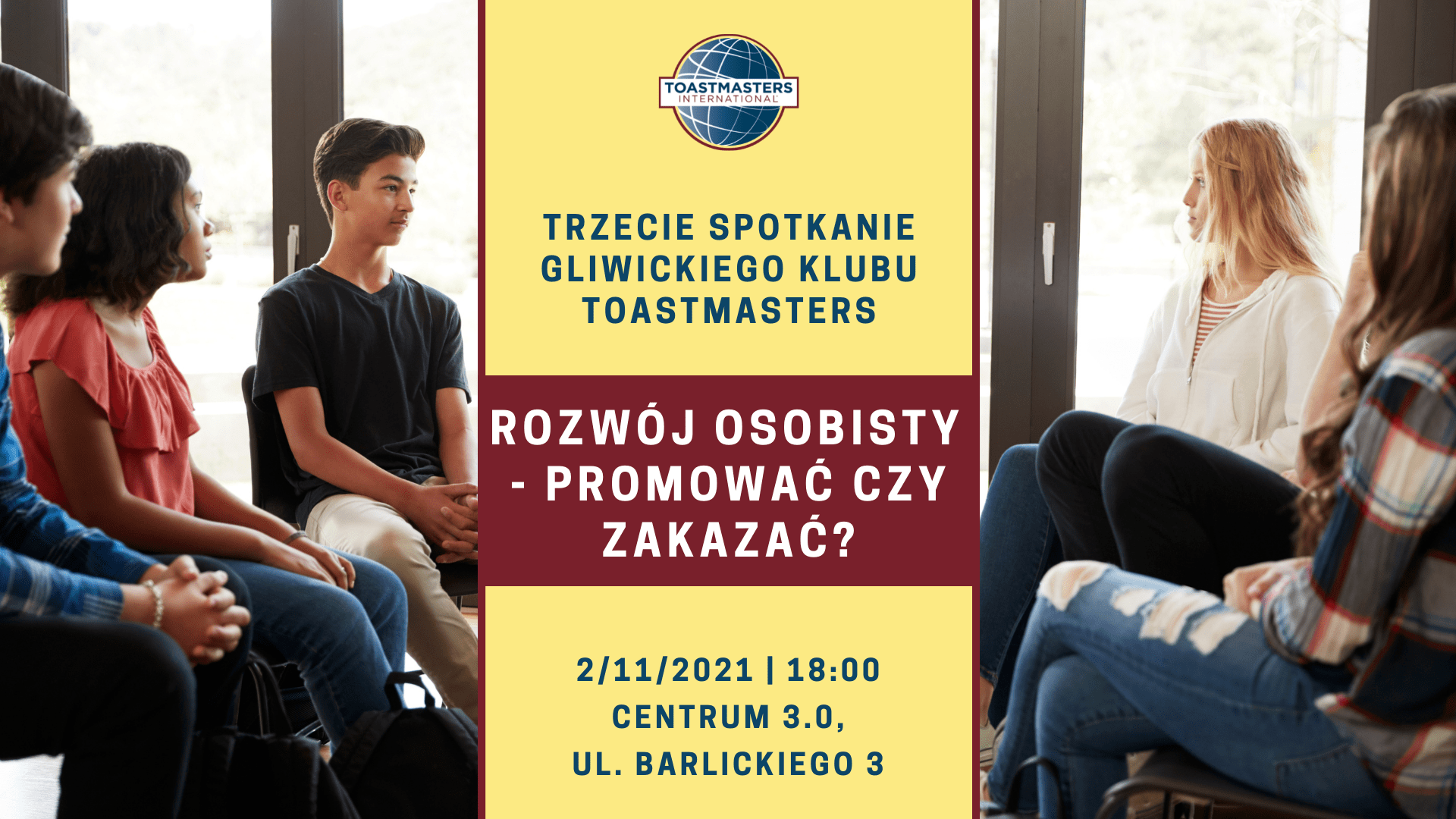 Grafika promująca wydarzenie "Rozwój osobisty - promować czy zakazać?  TOASTMASTERS GLIWICE"