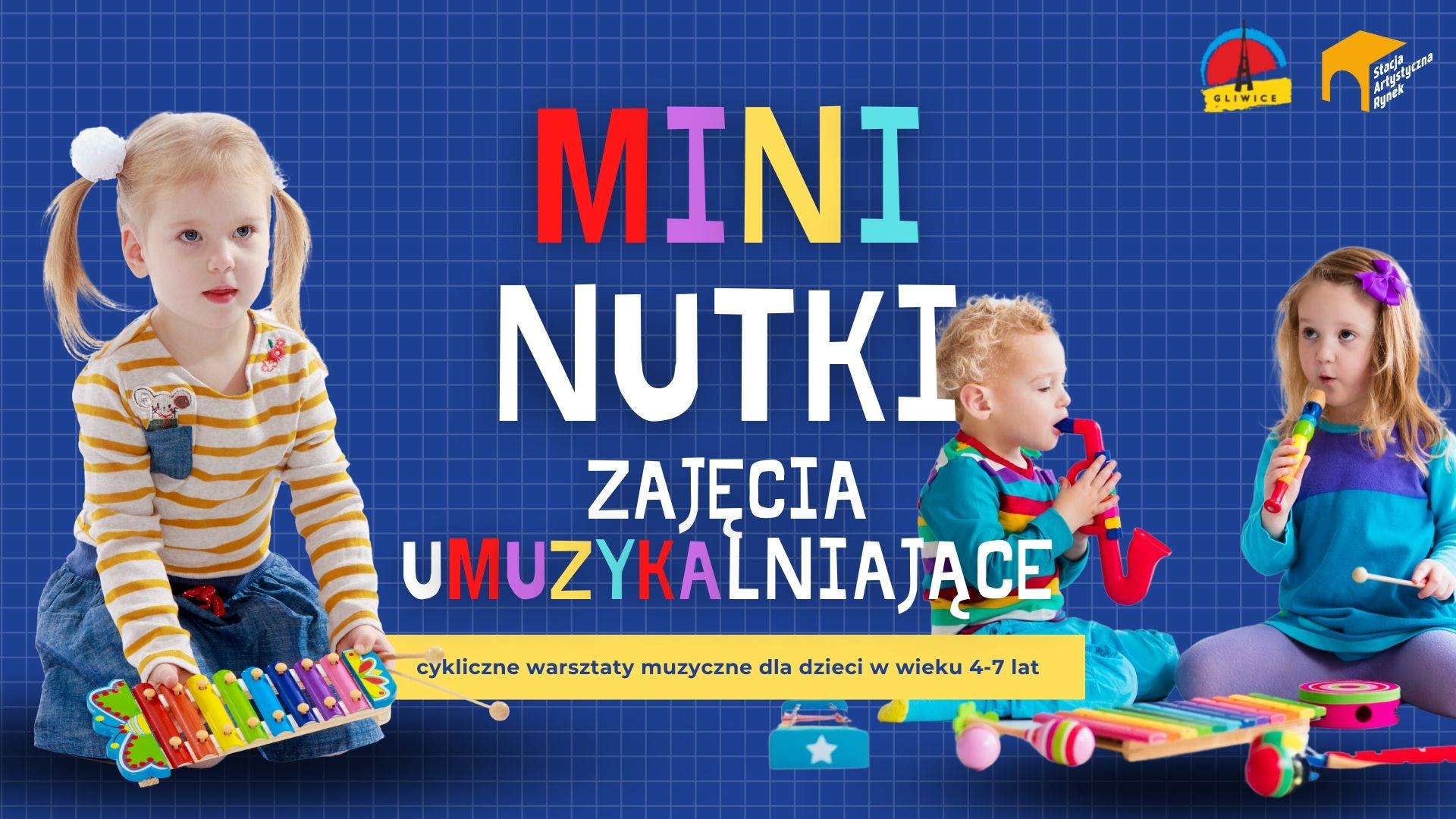 Kolorowa grafika ze zdjęciami wesołych dzieci, na środku napis" Mini Nutki