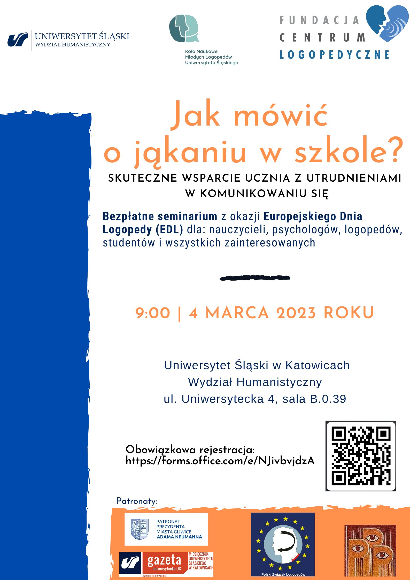 Plakat seminarium "Jak mówić o jąkaniu w szkole?"