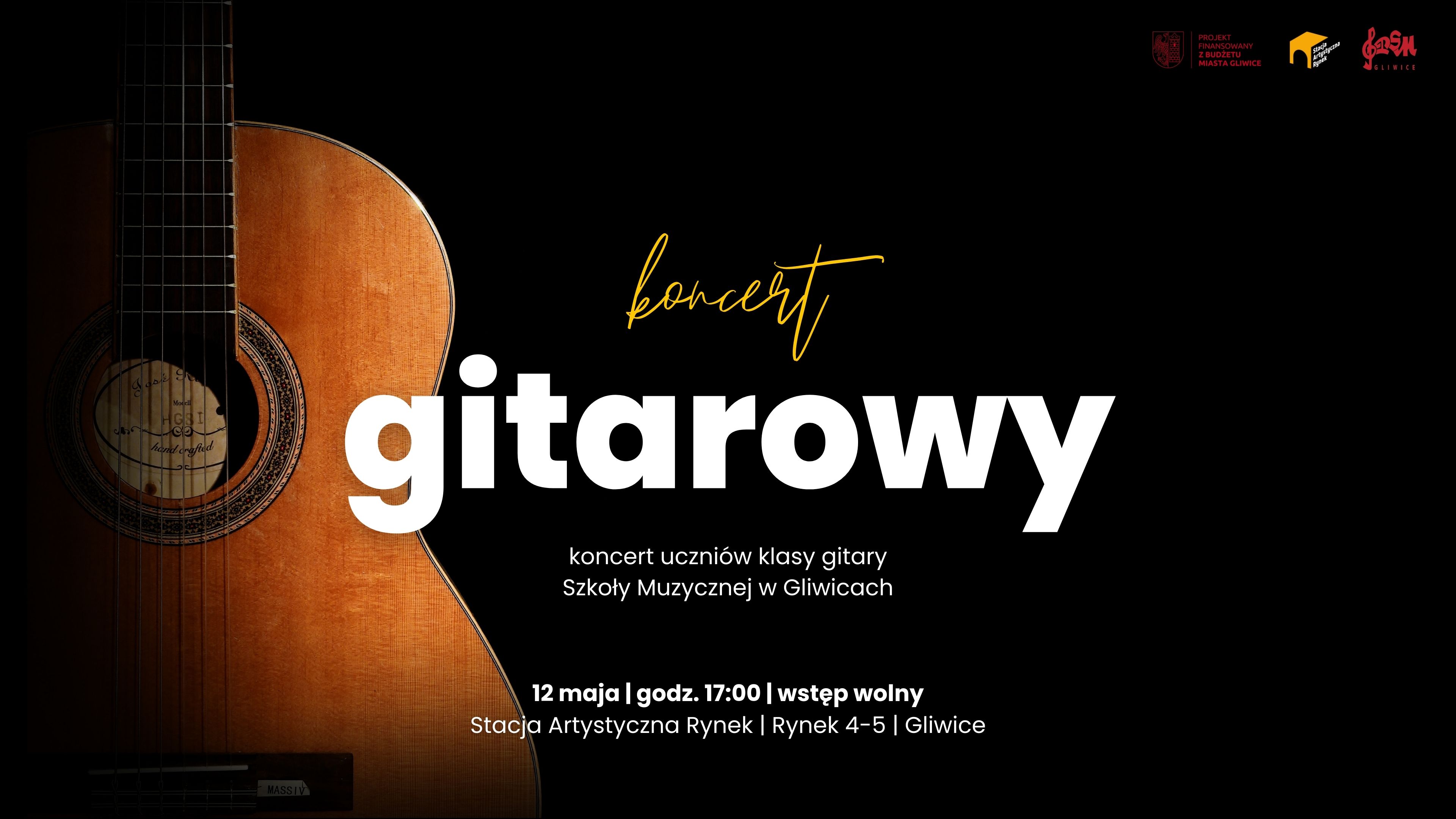 Gitara klasyczna na czarnym tle, na środku napis: koncert gitarowy