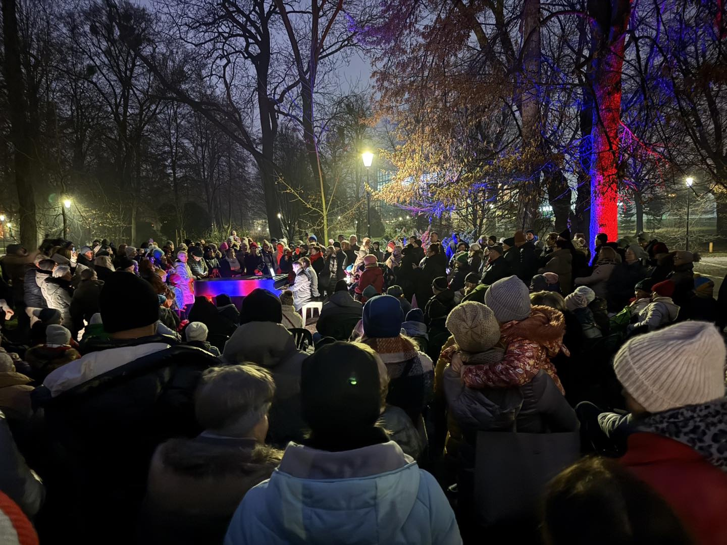 Ludzie w parku, mężczyźni przy fortepianie
