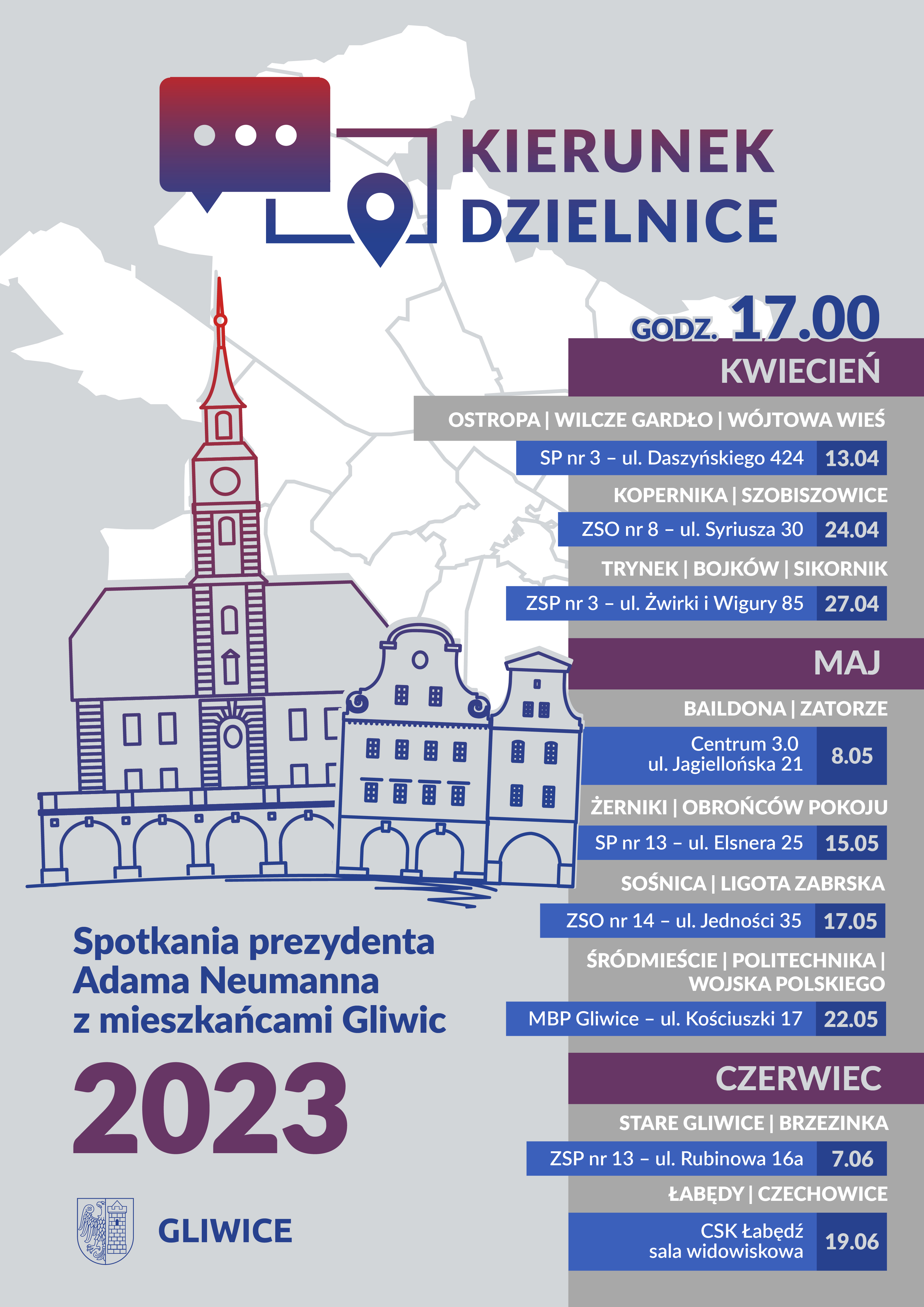 Plakat ze spisem spotkań w dzielnicach