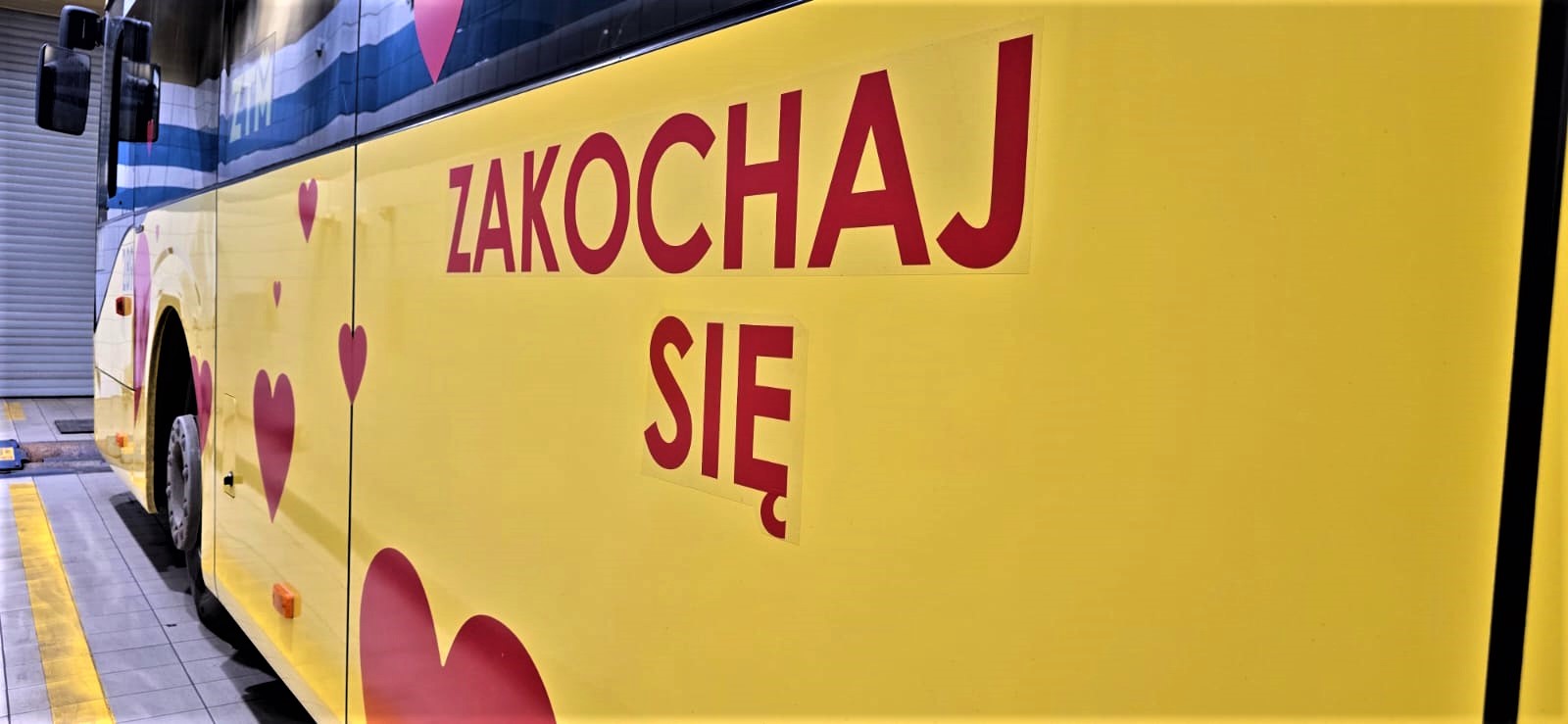 Czerwony napis Zakochaj się i czerwone serca na szybie żółtym autobusie