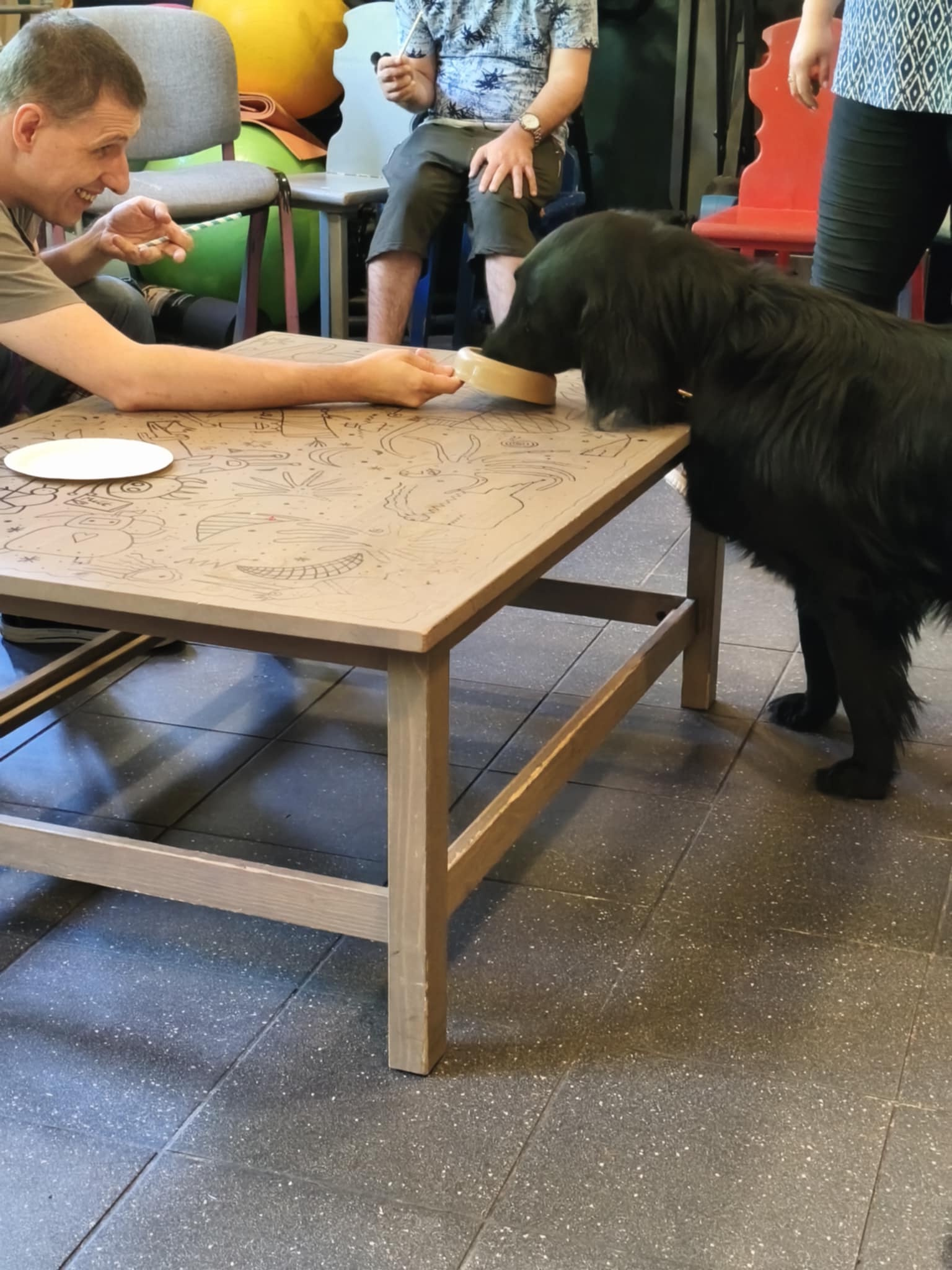 Zajęcia dogoterapii z udziałem czarnego psa