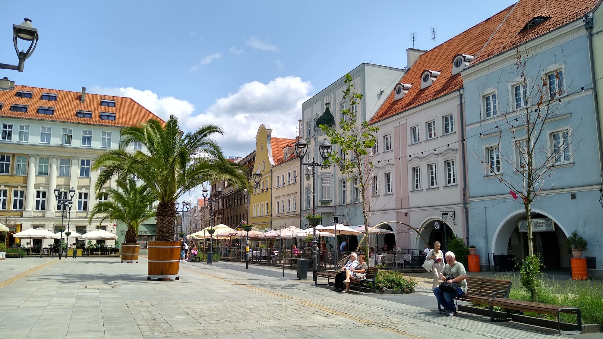 Rynek w słońcu, palmy, ławki, ludzie