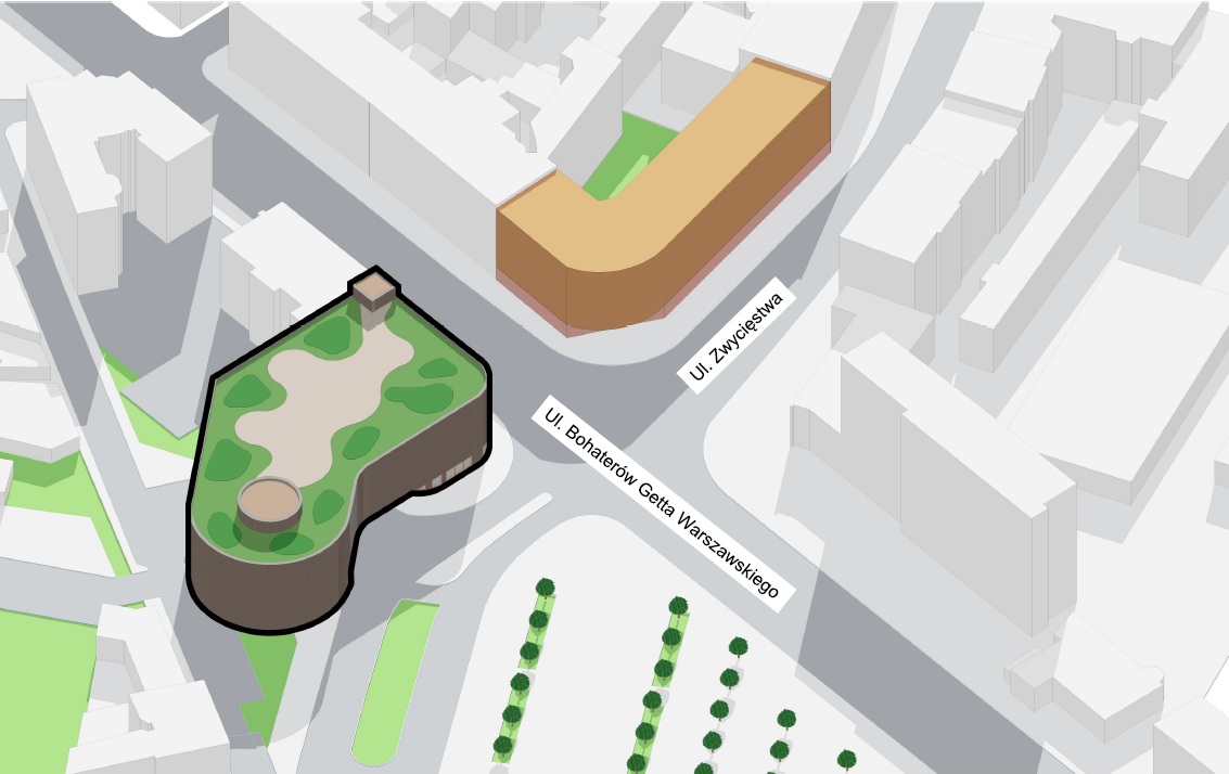 Ilustracja pokazująca parking i narożnik przy ul. Bohaterów Getta Warszawskiego