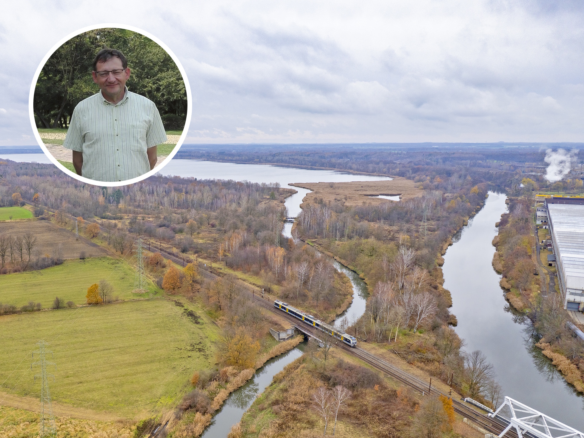 Widok z góry na Ujście Kłodnicy, w rogu zdjęcie dr. Leszka Trząskiego