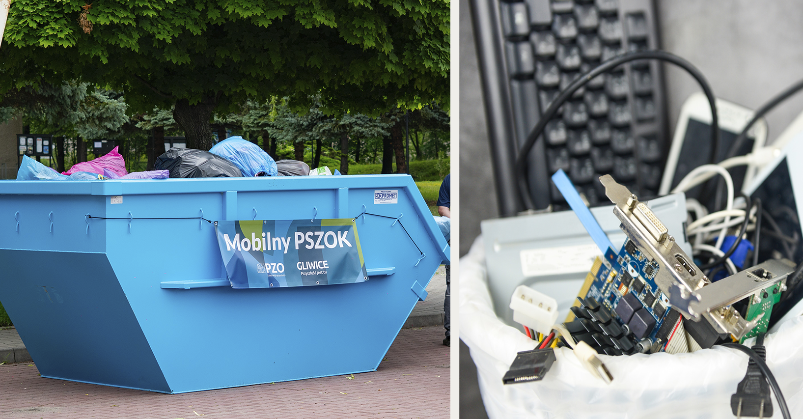 Zdjęcie kontenera z workami z tekstyliami i kosza ze sprzętem elektronicznym