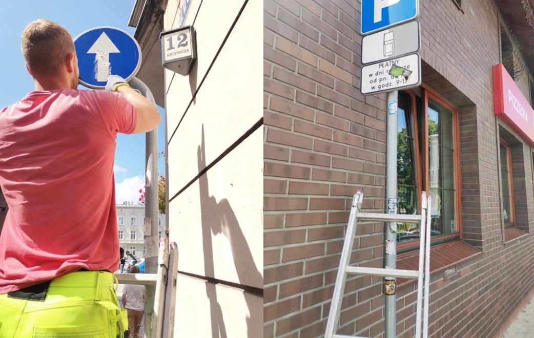 Na gliwickiej Starówce rozpoczęło się czyszczenie znaków drogowych, słupków i innych elementów infrastruktury z naklejek